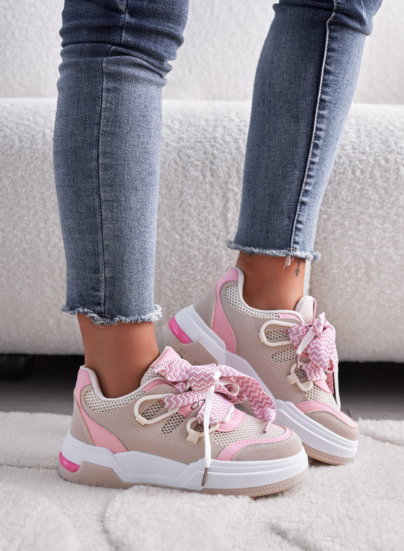 MITE - Sneakers beige e rosa con lacci larghi