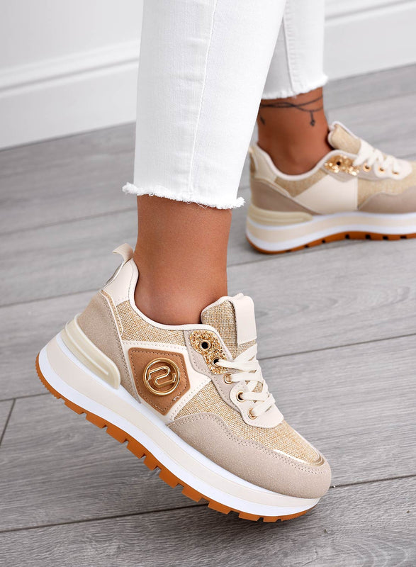 ERSILIA - Sneakers beige in tessuto con inserti oro