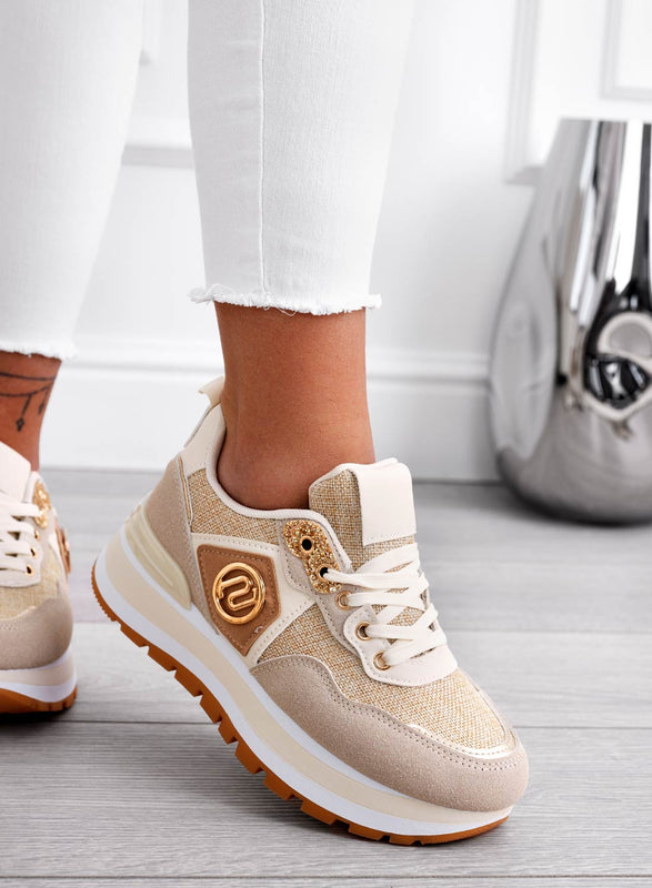ERSILIA - Sneakers beige in tessuto con inserti oro
