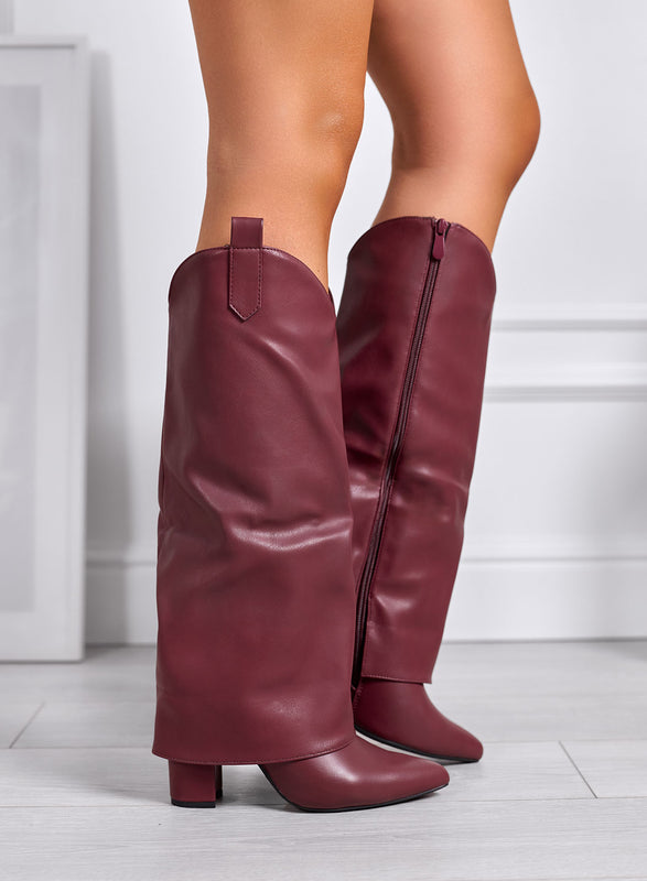 MEGAN - Stivali bordeaux camperos con risvolto e tacco alto