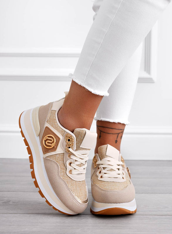 ERSILIA - Sneakers beige in tessuto con inserti oro