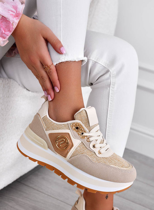 ERSILIA - Sneakers beige in tessuto con inserti oro