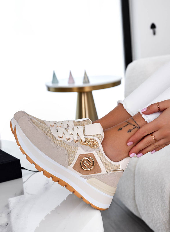 ERSILIA - Sneakers beige in tessuto con inserti oro