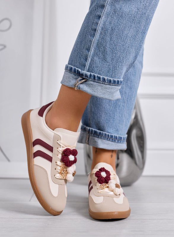 MELISSA - Sneakers beige e bordeaux con fiori crochet