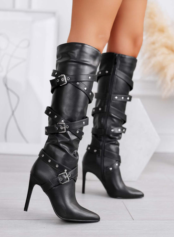 MIXY - stivali con tacco neri in ecopelle e stringhe avvolgenti