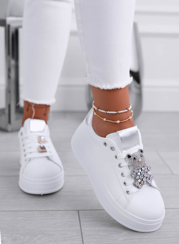TANIA - Sneakers bianche con teddy gioiello argento