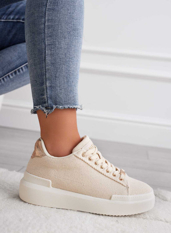 NADIA - Sneakers beige in tessuto con rifiniture oro