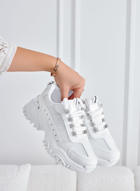 LIBBY - Sneakers bianche in tessuto con inserti argento e strass