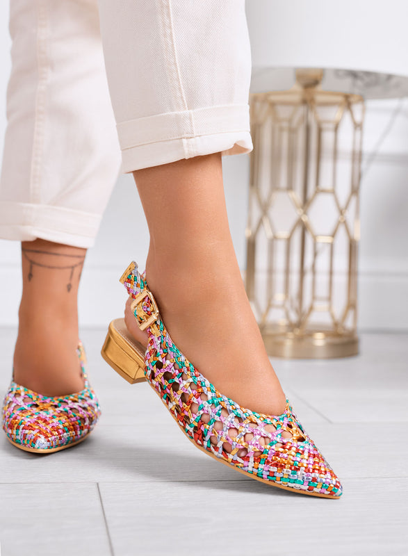 VILDAN - Ballerine slingback multicolor intrecciate con tacco basso oro
