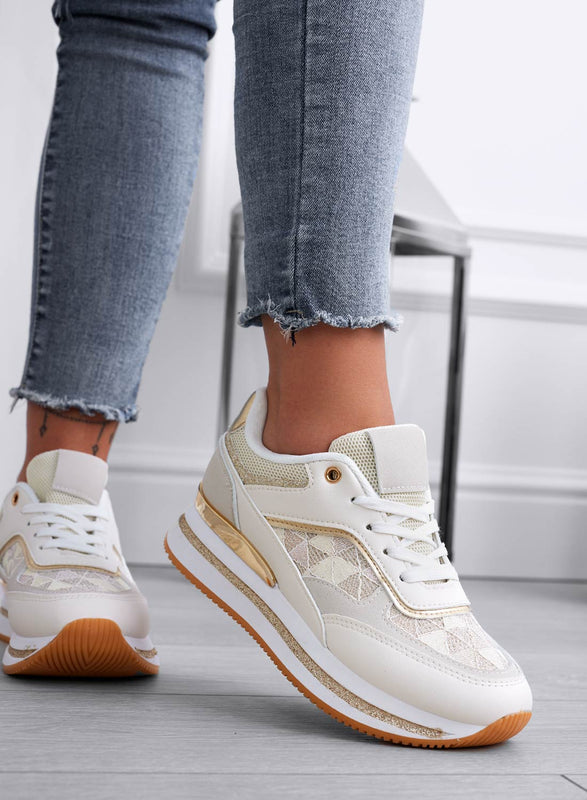 ANNALISA - Sneakers beige con inserti glitter oro