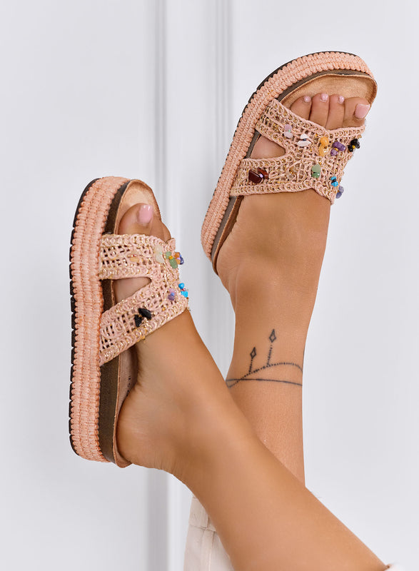 FEDERICA - Sandali ciabatte rosa platform in crochet con pietre colorate