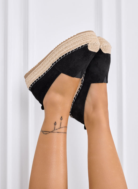 MAGDA - Espadrillas platform nere con punta crochet e suola in corda
