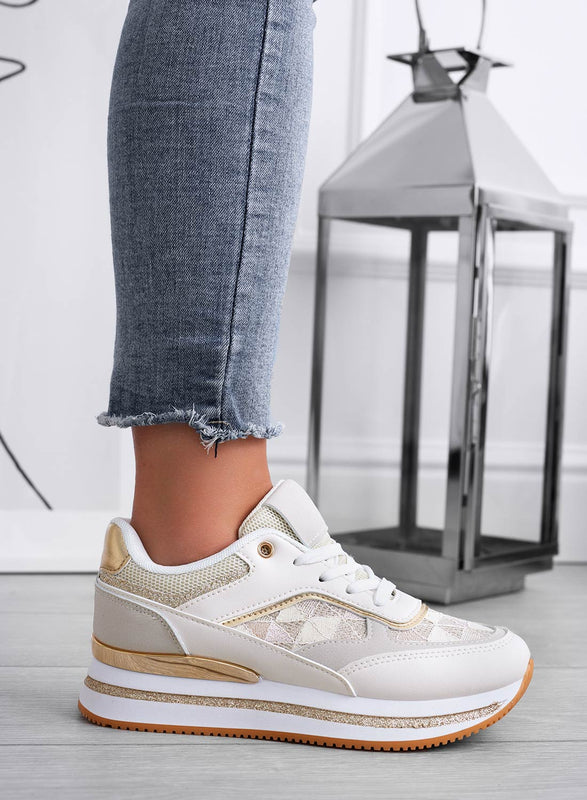 ANNALISA - Sneakers beige con inserti glitter oro