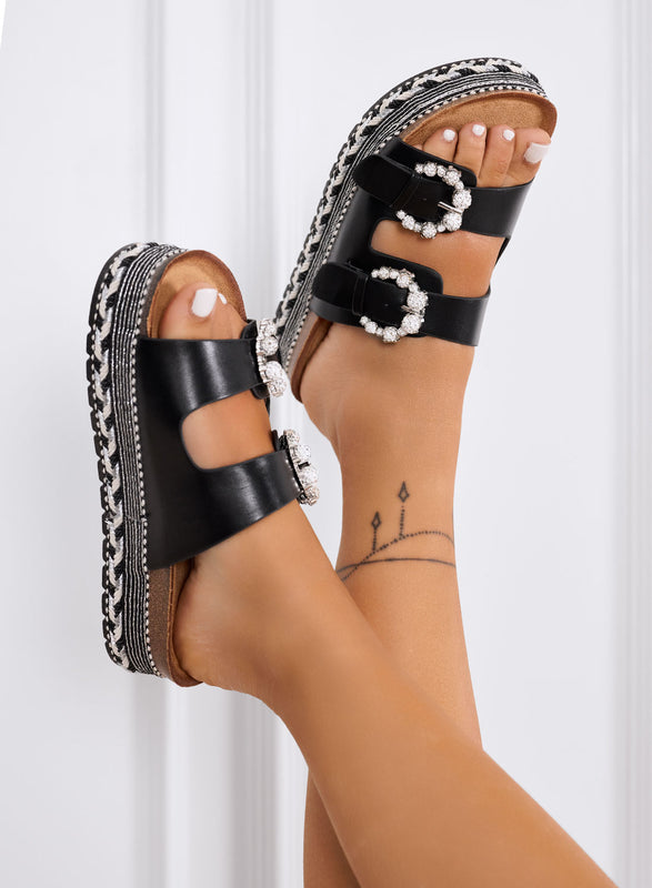 ARIEL - Sandali neri platform con fibbie gioiello e suola ricamata