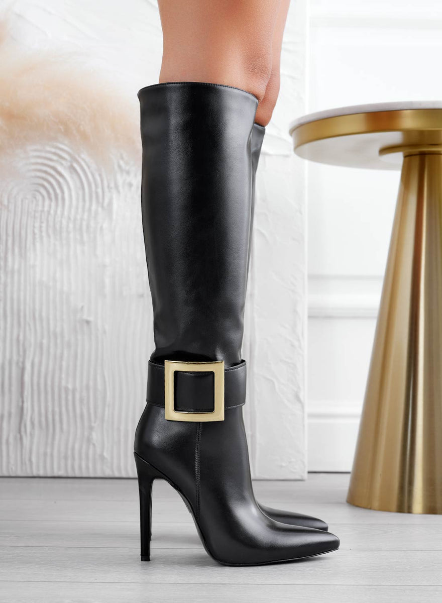 Stivali Da Donna IF Fashion XG107 – Alti Al Ginocchio, Con Fibbia Dorata E Gambale Elasticizzato, Tacco Medio