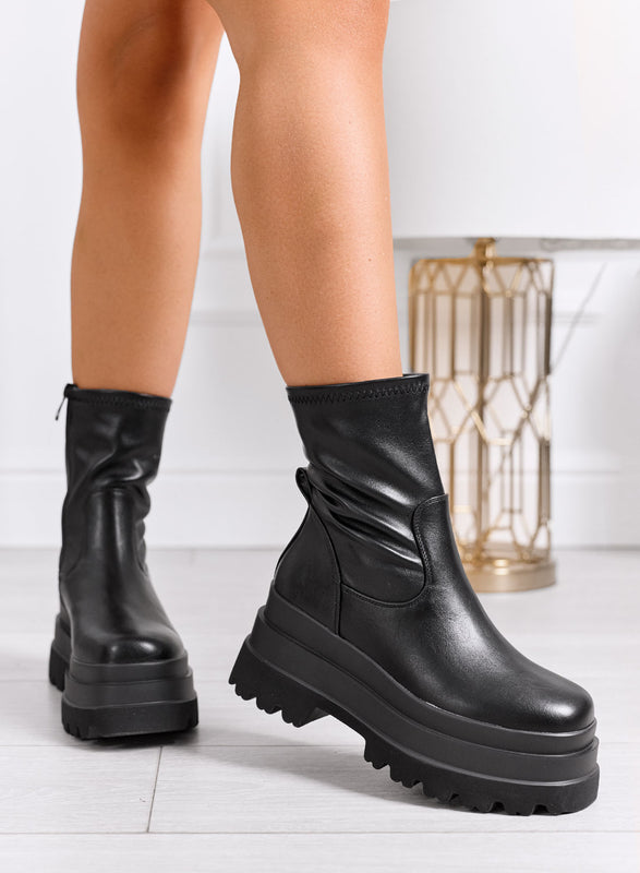 EVELIN - Stivaletti Anfibi neri elasticizzati con platform chunky