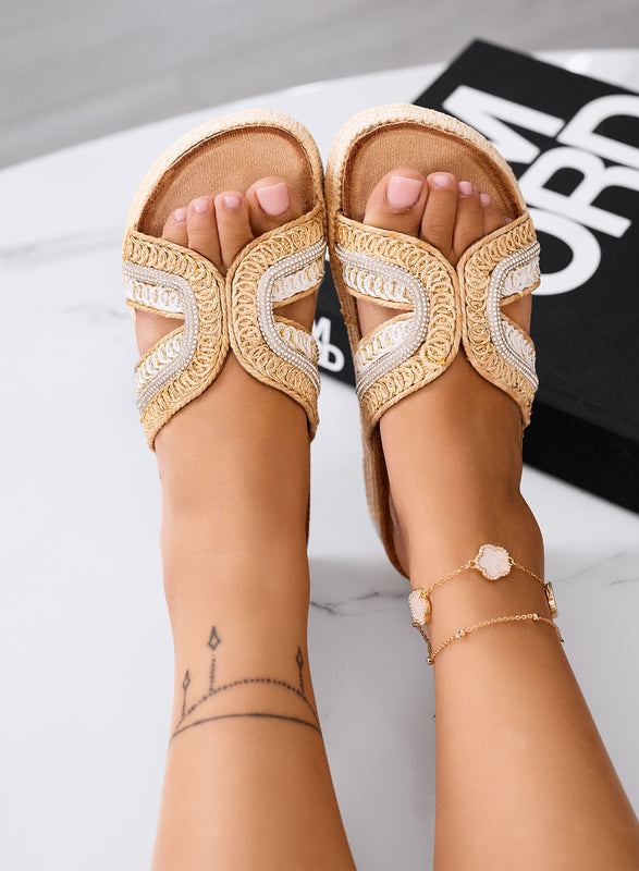 BEATRICE - Sandali Ciabatte beige con intreccio decorativo e strass