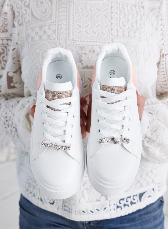 DELIA - Sneakers bianche con applicazione gioiello e retro rosa
