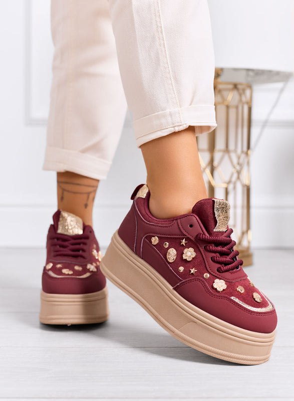 AIDA - Sneakers platform bordeaux con decorazioni oro