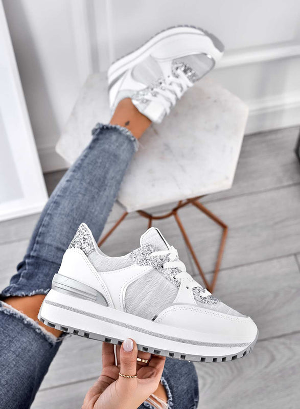 SILVANA - Sneakers bianche con inserti glitter argento