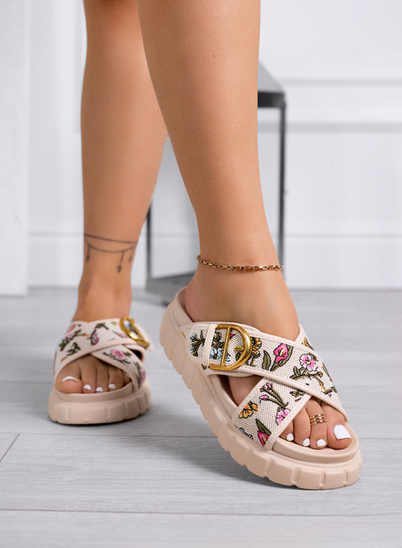 AXIDIE - Sandali beige Ciabatte con suola chunky e fasce a stampa floreale
