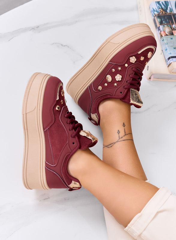 AIDA - Sneakers platform bordeaux con decorazioni oro