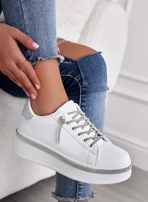 FRANKIE - Sneakers bianche con lacci gioiello argento