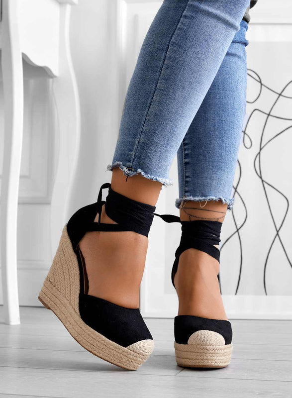 AMBRA - Espadrilles nere con zeppa in corda e laccio