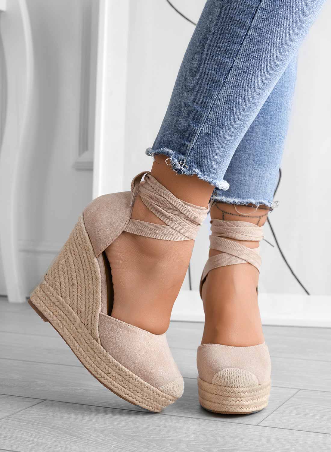 AMBRA - Espadrilles Alexoo beiges avec semelle compensée en corde et lacet