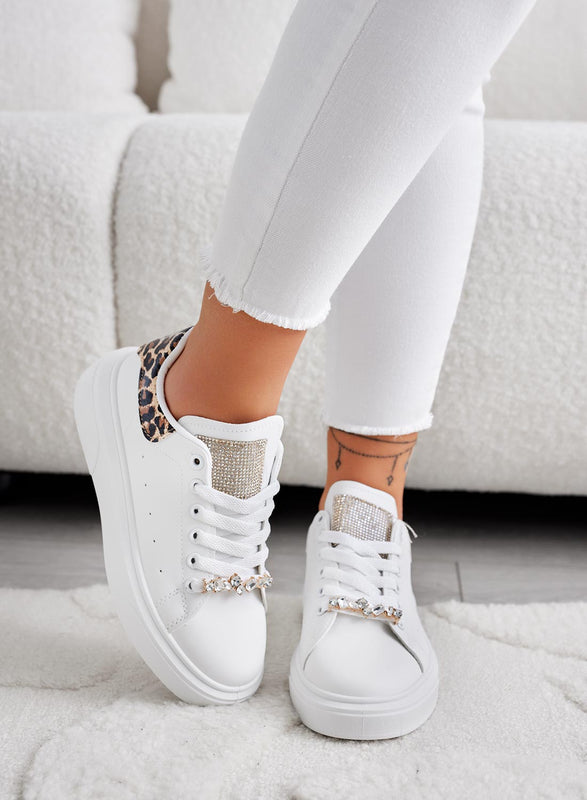 ANDREINA - Sneakers bianche con applicazione gioiello e retro leopardato