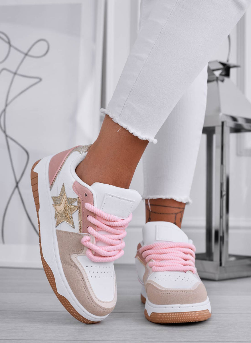 ANNIE Sneakers bianche con lacci in corda rosa e stella oro