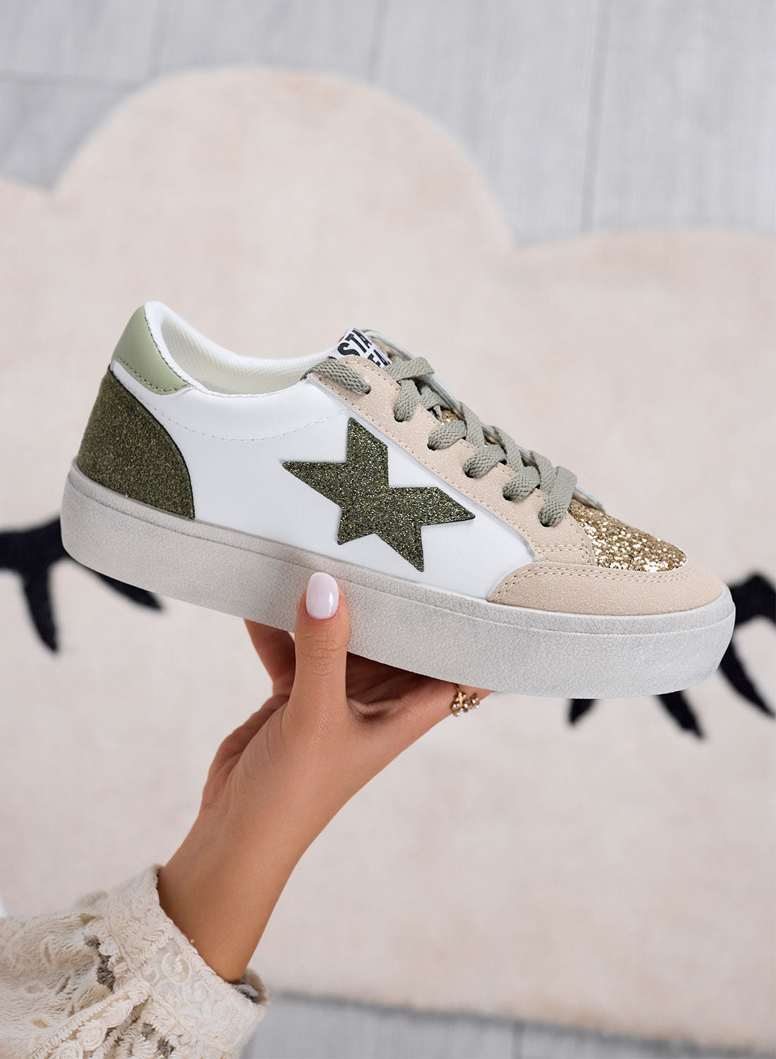 EDDA - Sneakers fango con inserti verdi e glitter oro