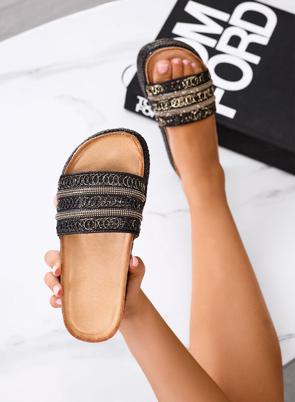EDVIGE - Sandali neri Ciabatte platform con fascia ricamata oro