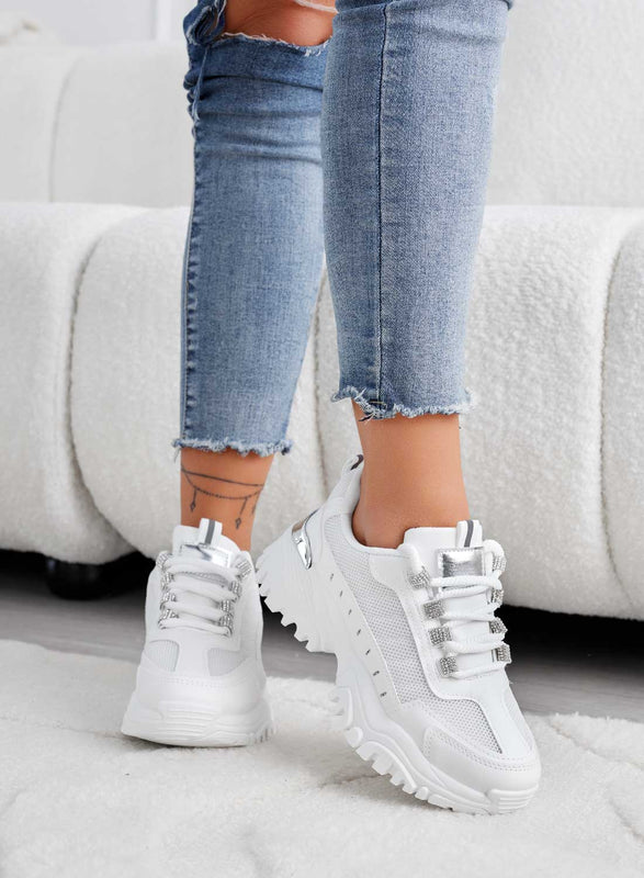 LIBBY - Sneakers bianche in tessuto con inserti argento e strass