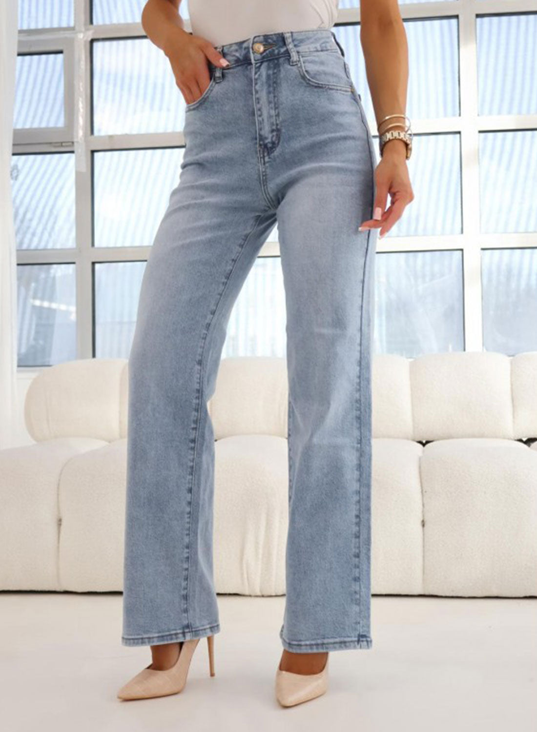 Pantalone jeans blu chiaro palazzo a vita alta