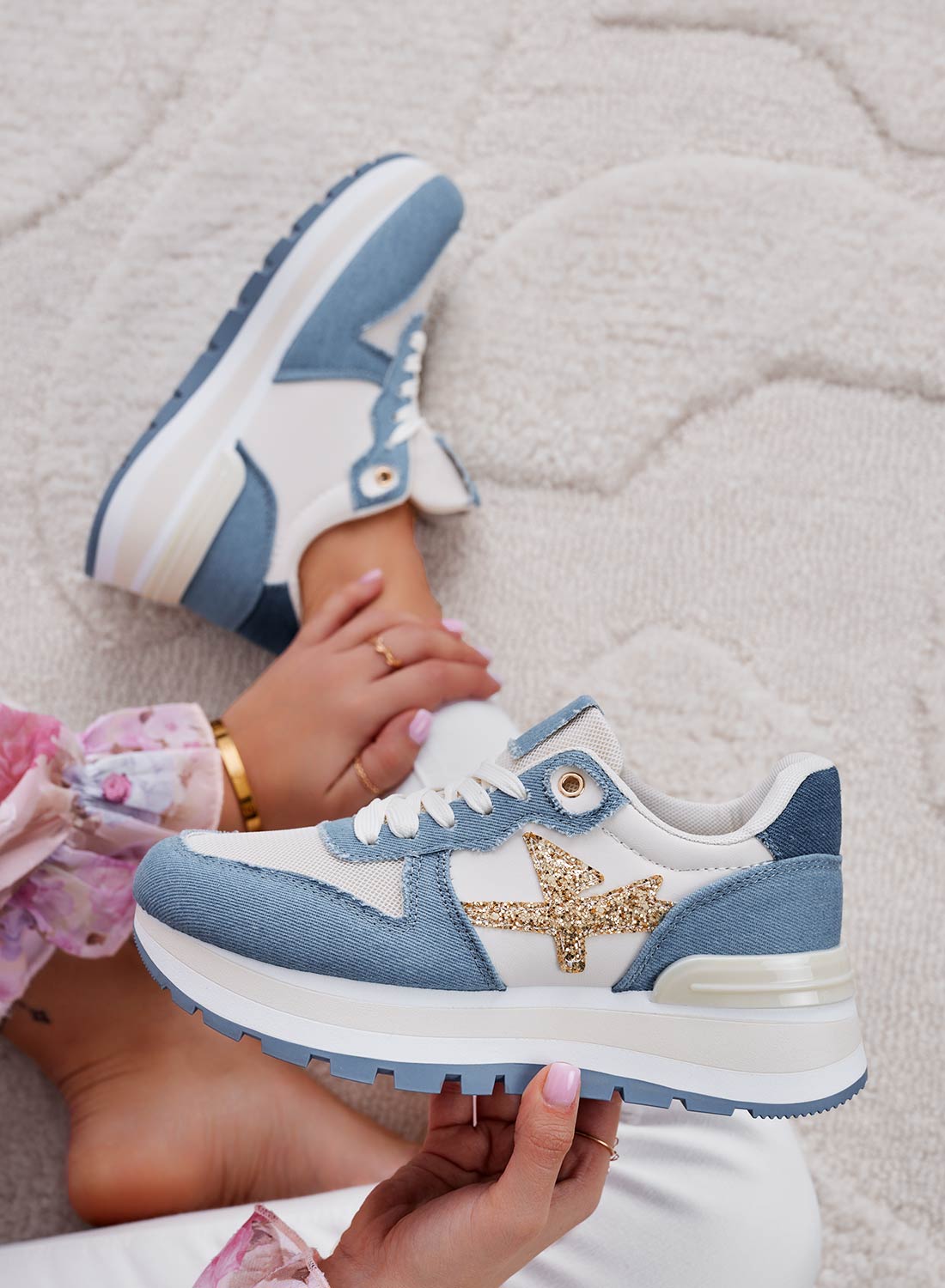 TYLER - Sneakers blu jeans con inserti glitter oro