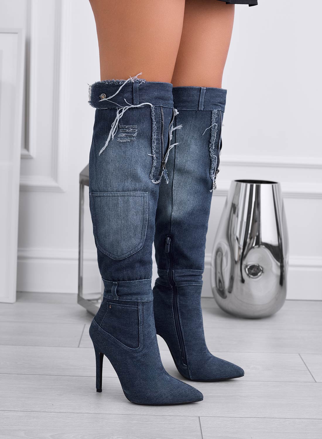 ZENA - Stivali blu jeans alla coscia con tacco alto a spillo