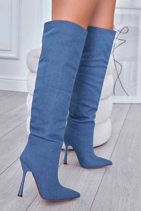 BICE - Stivali alti blu jeans con tacco a spillo