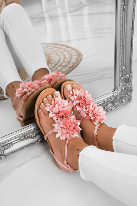 CONNIE - Sandali infradito rosa in raso con fiore applicato