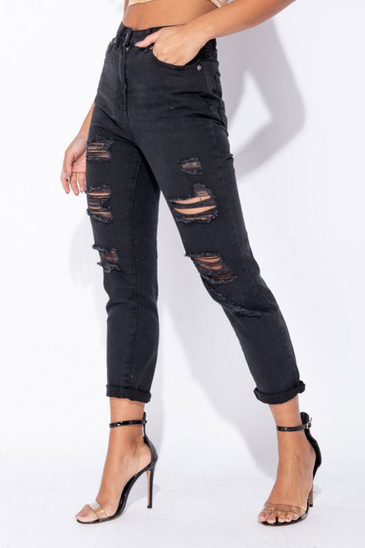 Pantalone jeans nero vita alta con strappi