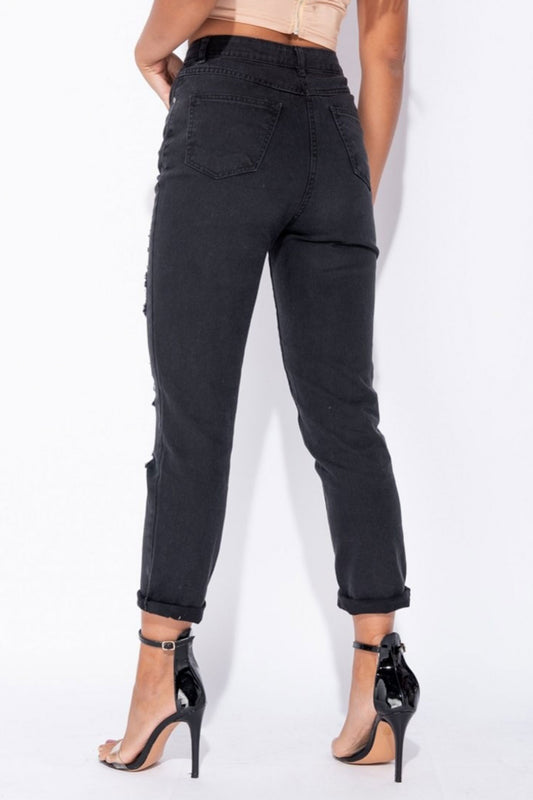 Pantalone jeans nero vita alta con strappi