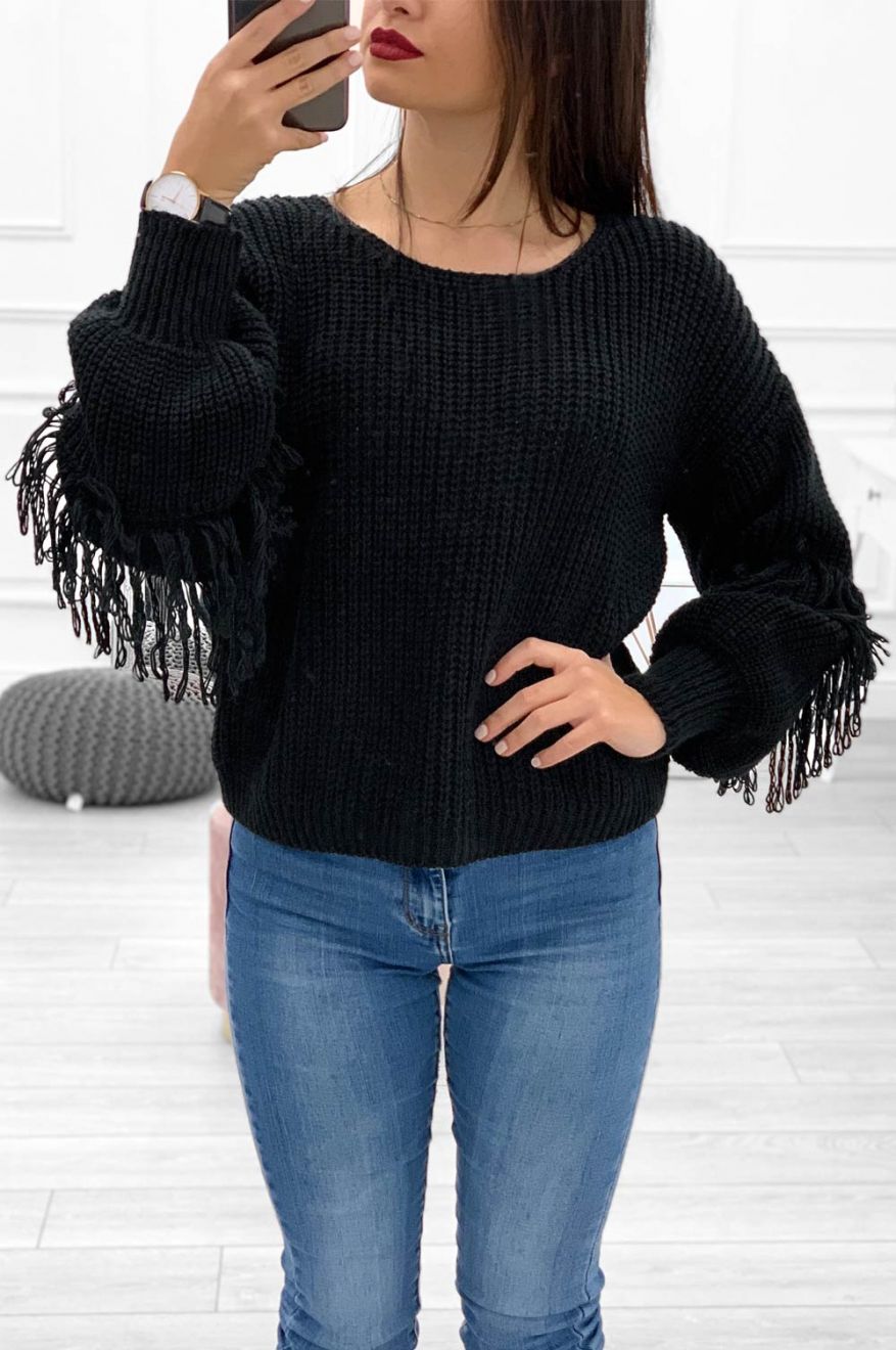 Sweater with balloon sleeves and fringes Black