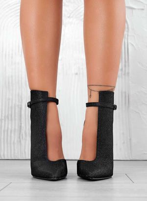 ADELAIDE - Black glitter ankle boots with side opening and high stiletto heel