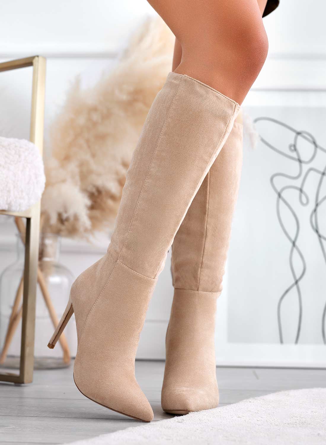 BRENDA - Beige suede high-heeled boots by Alexoo