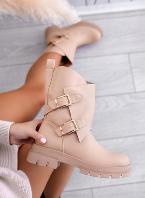 Beige biker ankle boots with buckles