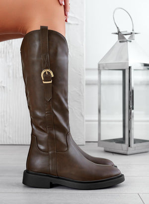 BRIANNA - Brown boots with side gold buckle
