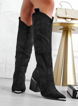 Black camper boots with faux wood heel