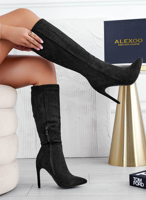 BRENDA - Black suede Alexoo boots with high heel
