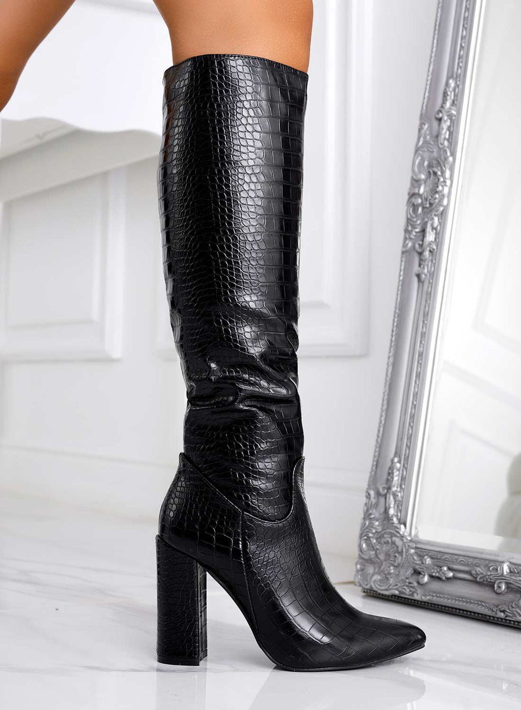 WENDY - Black Alexoo boots with crocodile effect and high heel