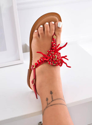 CARLOTTA - Alexoo thong sandals with pearl and red coral embellishments